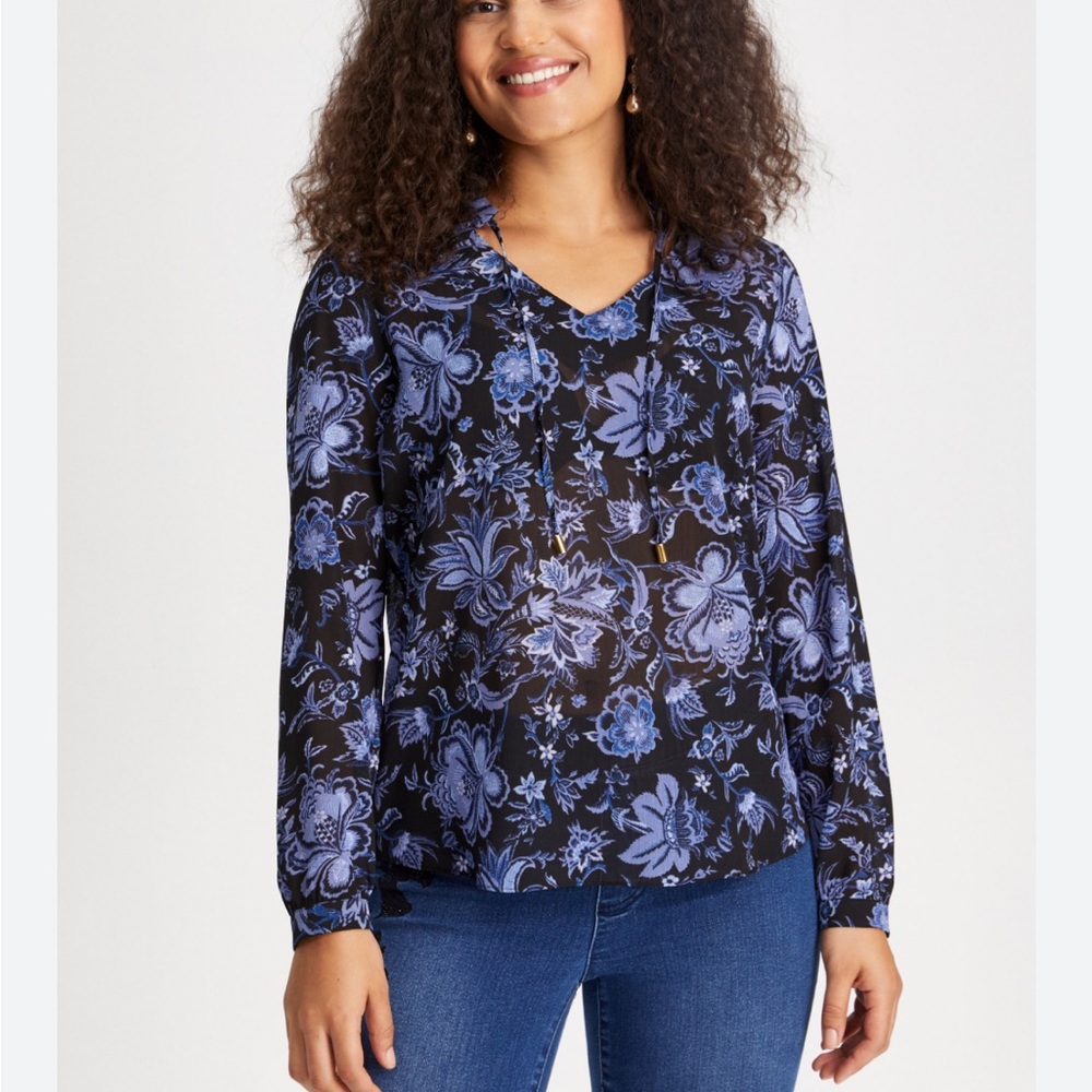 Laura Floral Print Long Sleeve Blouse Blue